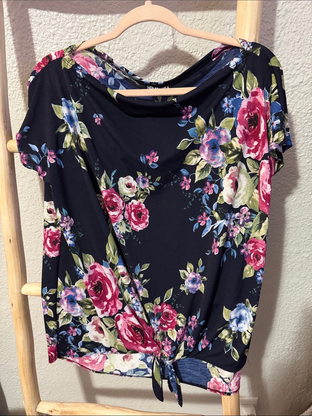 HEIMISH USA Navy Floral Tie-Front Top with Pink and Blue Roses